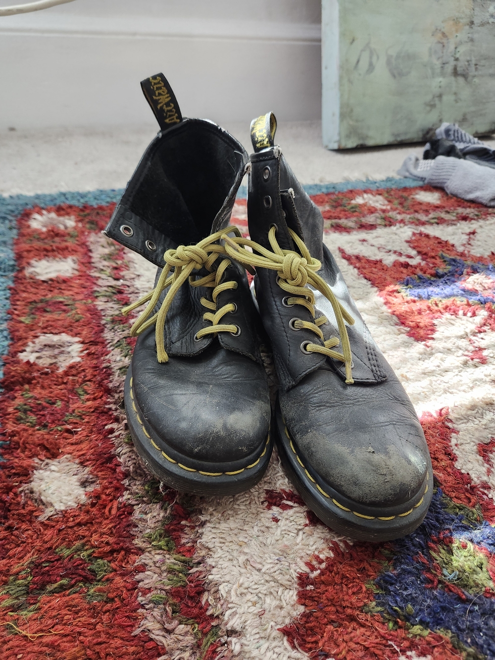 Dr. Martens Men's Black Leather Boots with Yellow Laces
